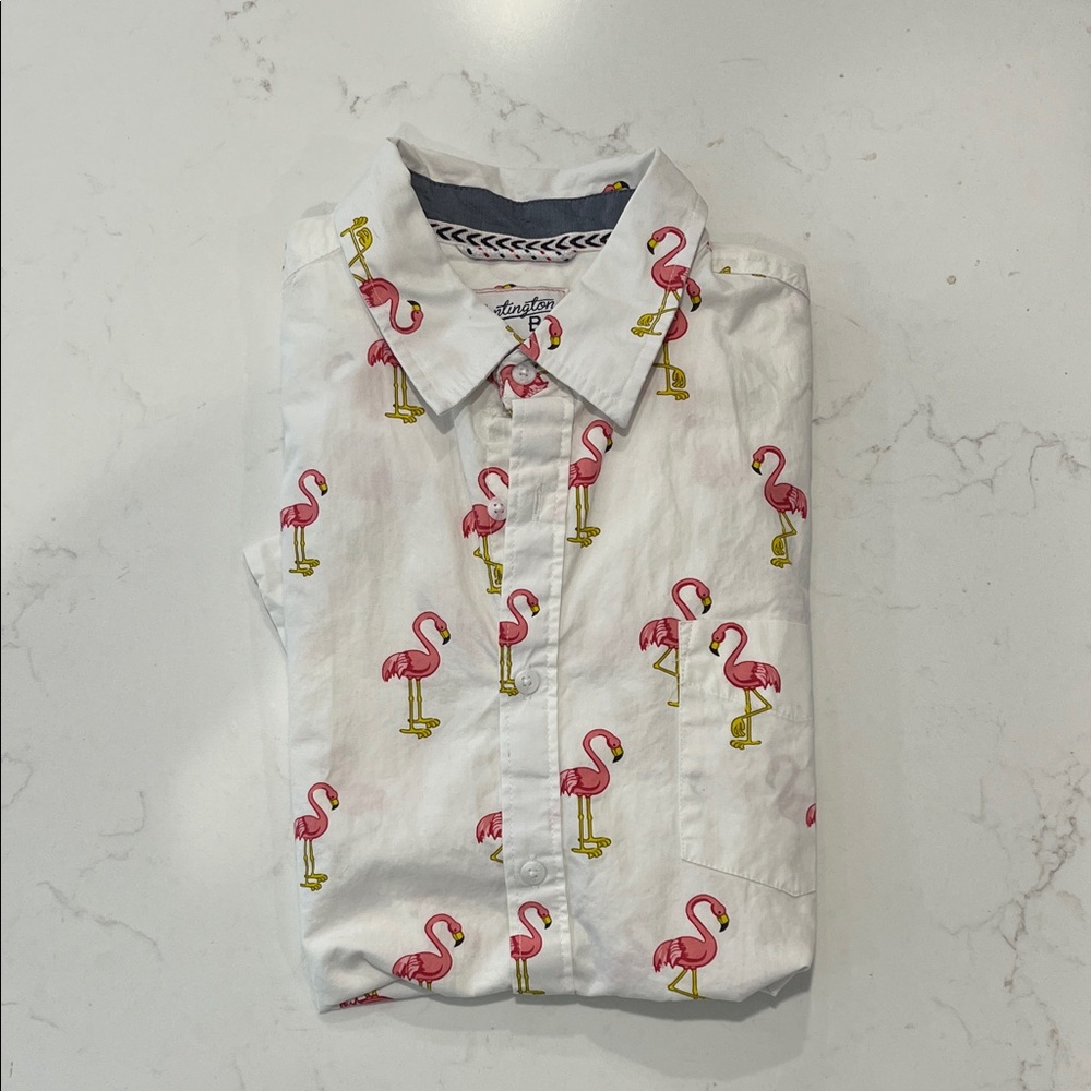 Vineyard Vines White Shirt with Pink Flamingo Print